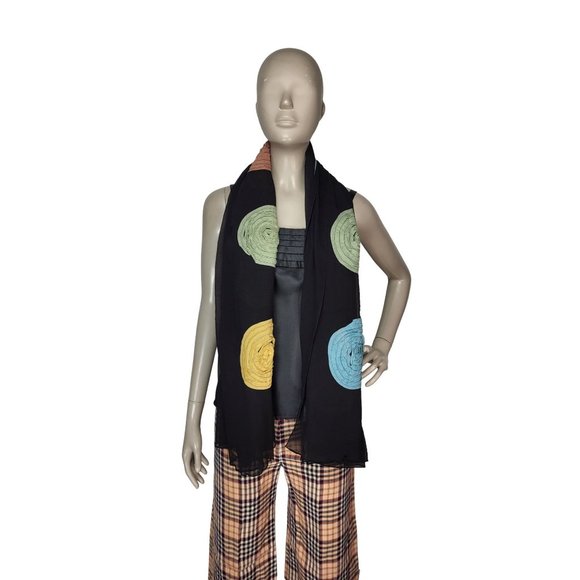 100% Silk Black Spiral Circle Pattern Rectangle Scarf Shawl Wrap 65"x41" - Picture 5 of 9